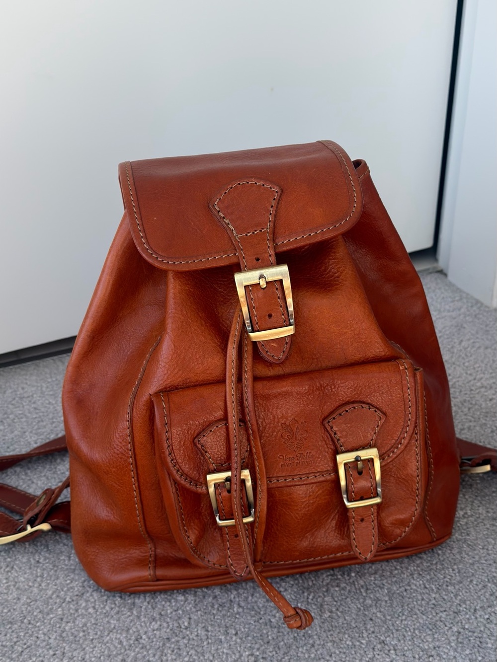 Vera Pelle Cognac Leather Backpack with Gold Buckles